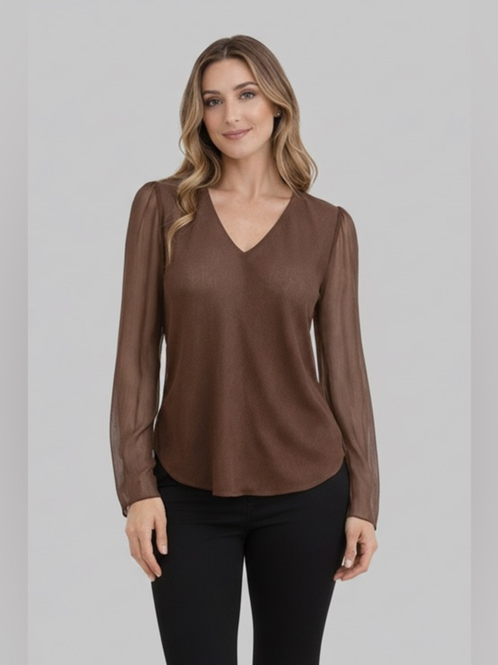 Mocha Sheer Chiffon Blouse | V-Neck Long Sleeve Elegant Top